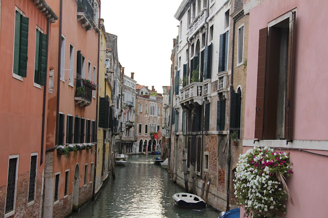 A view from a bridge over one of the small canals of Venice.