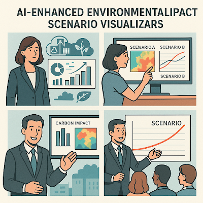Four-panel infographic titled 'AI-Enhanced Environmental Impact Scenario Visualizers'. Top left: A woman presents environmental charts including bar graphs and clouds. Top right: Another woman points at a screen comparing Scenario A and B with map overlays and trend lines. Bottom left: A man stands beside a chart labeled 'Carbon Impact' with a colorful emissions heatmap. Bottom right: A presenter shows a rising curve labeled 'Scenario' to an audience, representing projected outcomes."