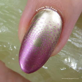 Gold and purple plum nail art stamped vortex.