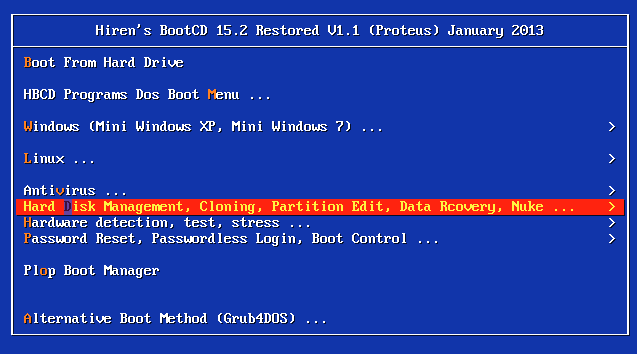 Hiren's First boot menu