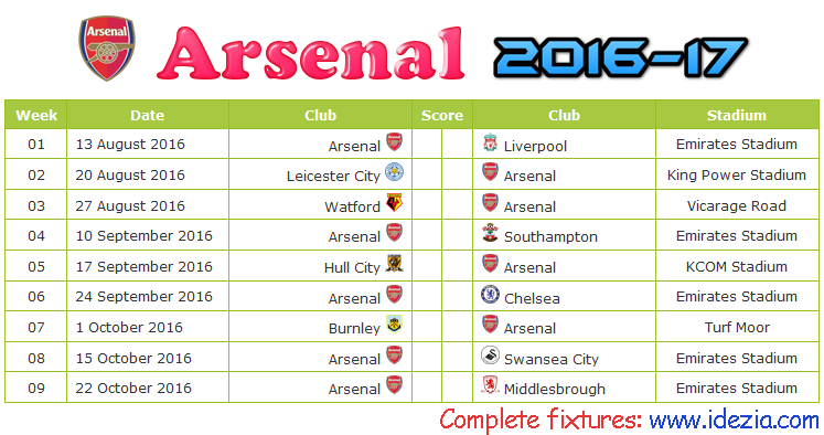 Download Jadwal Arsenal FC 2016-2017 File JPG - Download Kalender Lengkap Pertandingan Arsenal FC 2016-2017 File JPG - Download Arsenal FC Schedule Full Fixture File JPG - Schedule with Score Coloumn