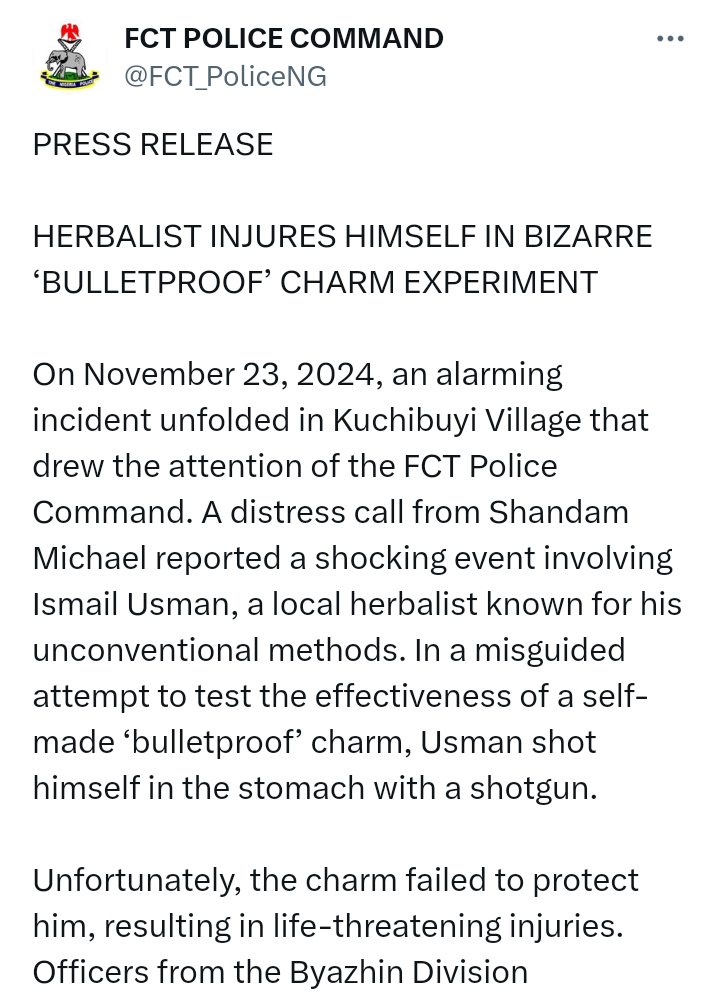 FCT: NPF Press Release - 'Herbalist injure himself in bizarre 'bulletproof' experiment'