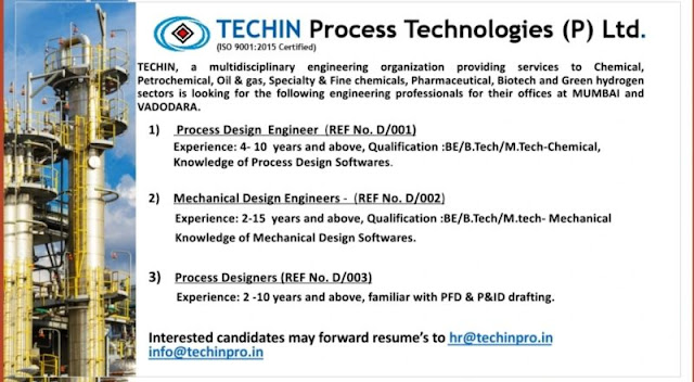 TECHIN Process Technologies Hiring For Process Design/ Mechanical Design/ Process Designer- Engineer