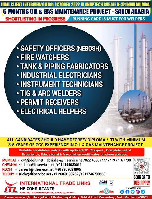 1. SAFETY OFFICERS (NEBOSH)  2. FIRE WATCHERS  3. TANK&PIPING FABRICATORS  4. INDUSTRIAL ELECTRICIANS  5. INSTRUMENT TECHNICIANS  6. TIG&ARC WELDERS  7. PERMIT RECEIVERSS  8. ELECTRICAL HELPERS