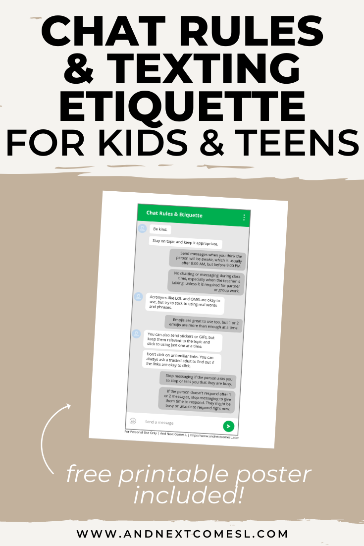 A free printable list that teaches chat rules and texting etiquette for kids, tweens, and teens