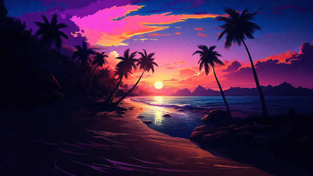 Wallpaper PC Desktop: Sunset, Beach, Palm Trees, Pink, Clouds, Digital Art