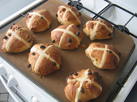 The hot cross buns just out the oven ready to glaze