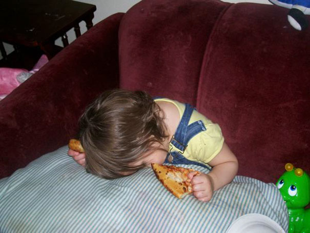 15+ Hilarious Pics That Prove Kids Can Sleep Anywhere - Napping While Eating Pizza