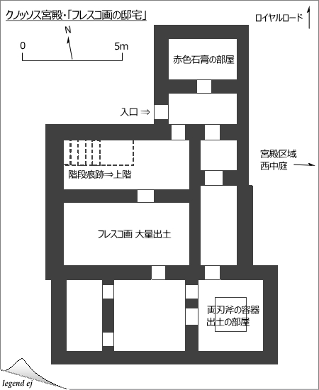 ミノア文明・クノッソス宮殿遺跡・フレスコ画の邸宅　プラン図／©legend ej