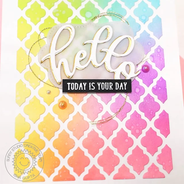 Sunny Studio Stamps: Frilly Frame Dies Slimline Dies Hello Card by Isha Gupta