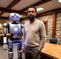 A shiny chrome robot standing next to a man
