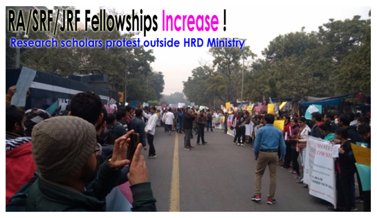 Research Scholars Protest outside HRD Ministry for Fellowship Increase