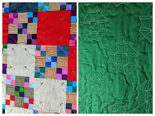 Two collaged photos show orange peel FMQ in progress from the front and back of the quilt.