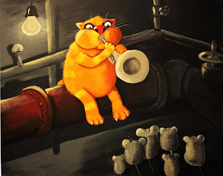 Good cat playing trumpet sitting on pipe, mice listening to him, funny pictures, comics, caricatures, paintings