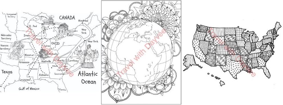 Maps of the World coloring book sample pages