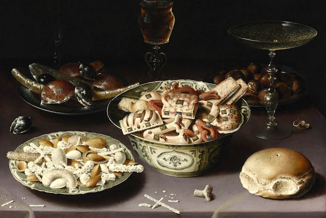 Osias Beert (1580-1623)  Three Dishes of Sweetmeats and Chestnuts with Three Glasses on a Table.