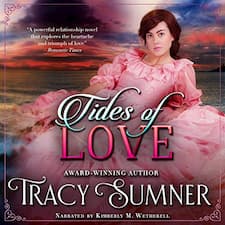Tides of Love audiobook cover. A Pretty girl in a pink dress on rocks by the sea.