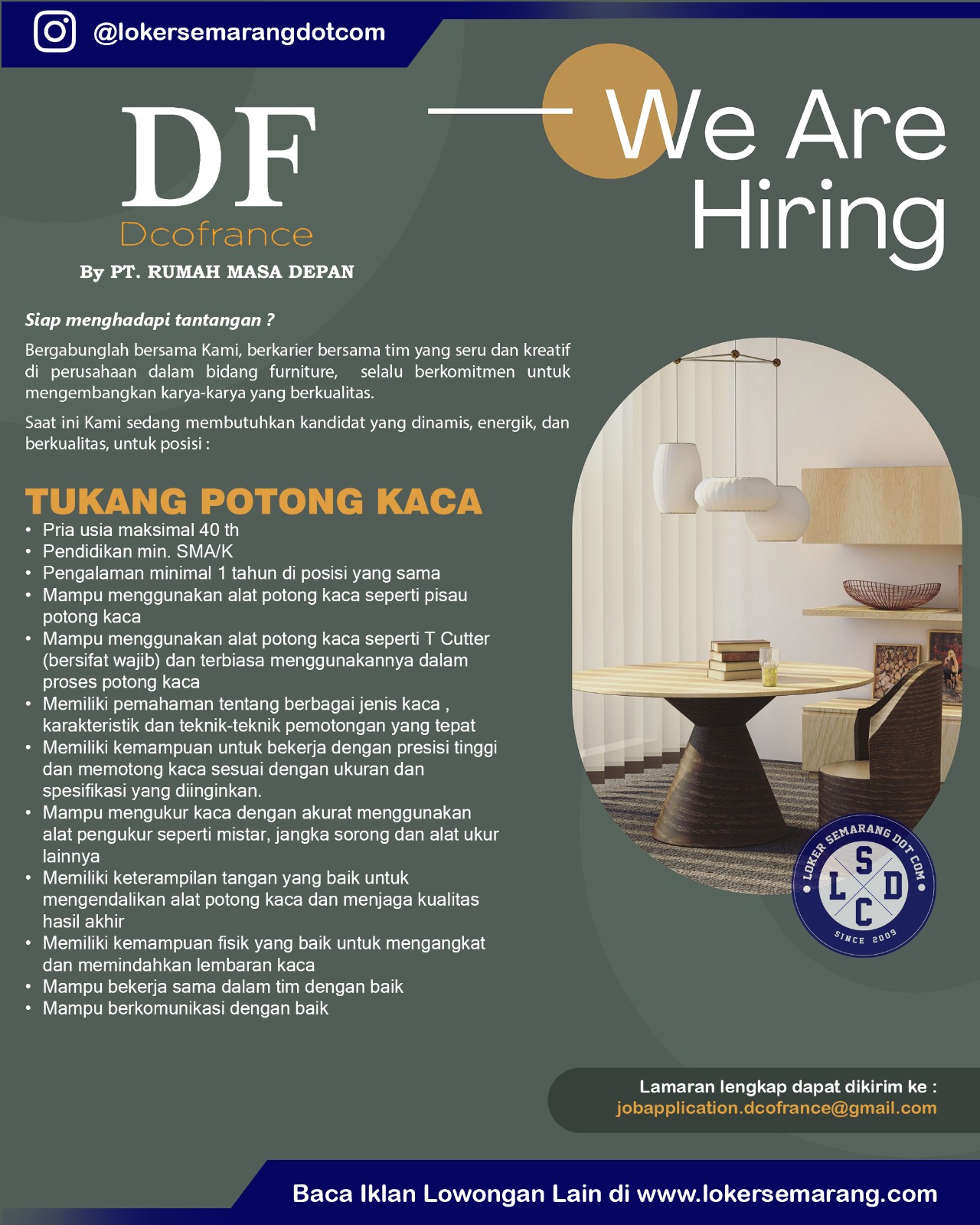 Loker Semarang di PT Rumah Masa Depan Staf Sampel, HRGA Generalist, Tukang Potong Kaca, dll