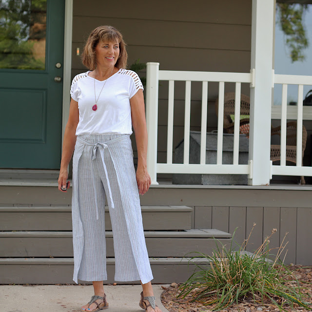 Mood Fabrics' Pinstripe Linen for wrap pants using Simplicity 8134