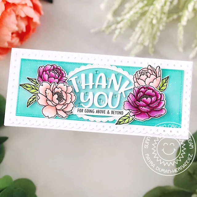 Sunny Studio Stamps: Chloe Alphabet Frame Dies Pink Peonies Thank You Card by Mayra Duran-Hernandez