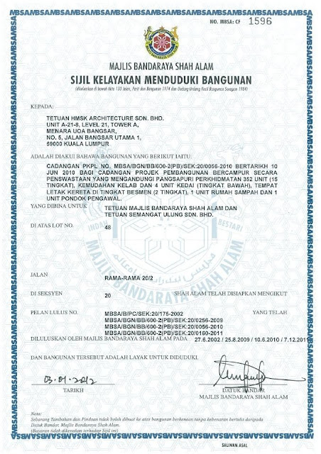 Sijil Kelayakan Menduduki (CF) - Suri Puteri Shah Alam