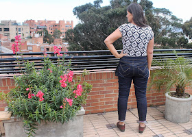 Modeling the back of the Liana stretch skinny jeans sewing pattern.