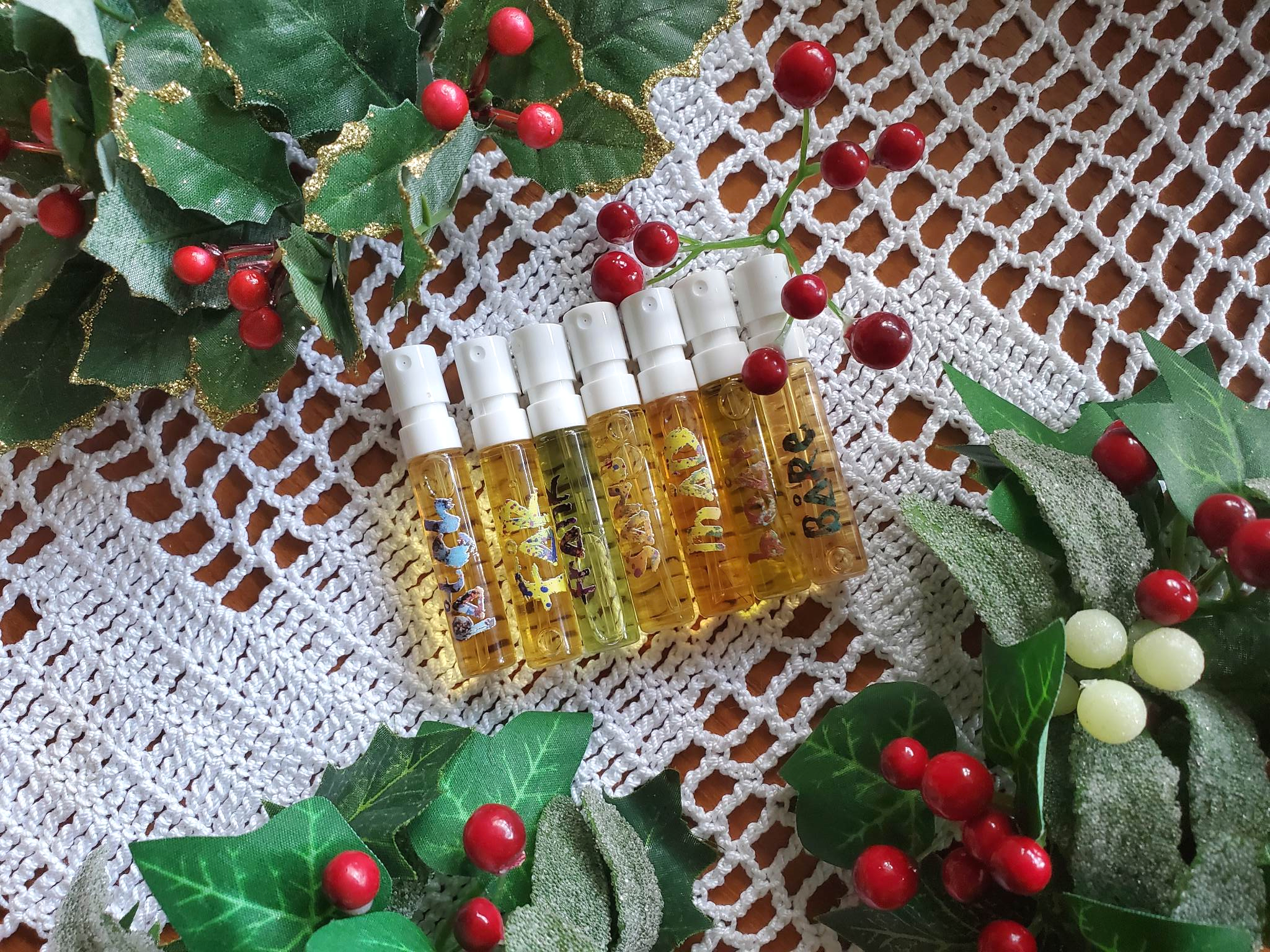 seven mini bottles from and Fragrance Natural Perfume sample set