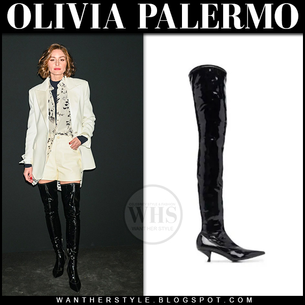Olivia Palermo in black patent thigh boots, white blazer and