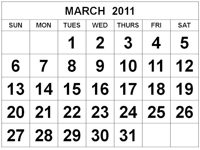 Free Printable March 2011 Calendar with big fonts