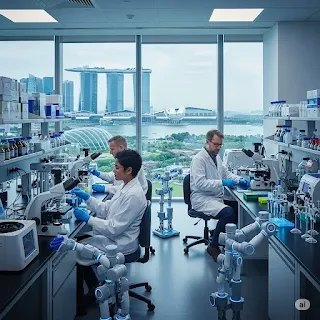 State-of-the-art, fully equipped laboratory where scientists and robotic devices actively work on genetic mutations affecting cancer development, including oncogenes, tumor suppressors, and DNA repair mechanisms. The lab features a stunning view of Singapore, showcasing the Singapore River, the ArtScience Museum, the iconic three-tower Marina Bay Sands complex, and surrounding landmarks. This illustration depicts one of the very important stages in human cancer research, also involving robotic medicine—including robots beyond just robotic devices—and other related fields.