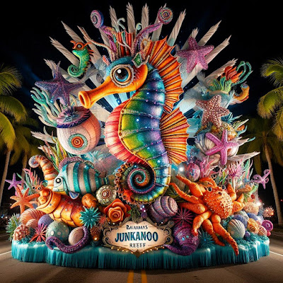 Junkanoo Seahorse Reef float with seahorse, fish, starfish, crabs.