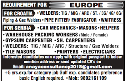 Urgently required for Jobs in Europe