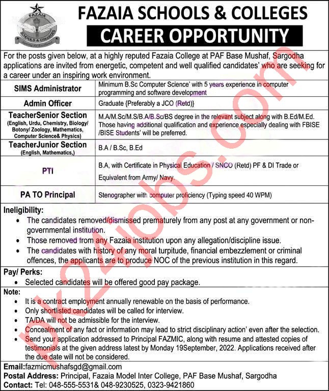 Fazaia Inter Jobs 2022 – Pakistan Jobs 2022