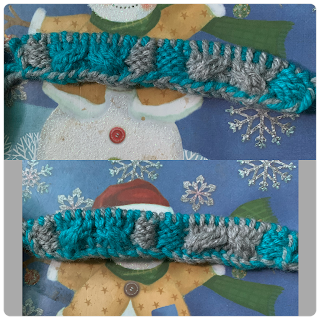 Collage of 2 photos, each showing a side of the same in progress double-knit swatch. Both show teal purl stitches bordering a gray cable panel, and gray purl stitches bordering a teal cable panel.