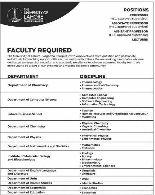 University of Lahore UOL Jobs 2022 – Latest Vacancies Online Apply