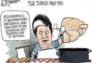 image: cartoon by Jeff Darcy, "TSA Turkey Prep Tips"