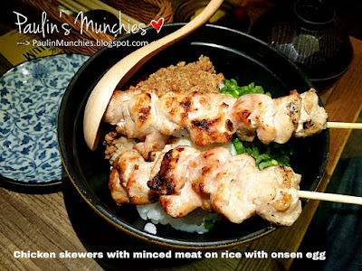 Paulin's Munchies - The Public Izayaka by Hachi at 100AM - Chicken skewers with minced meat on rice and onsen egg