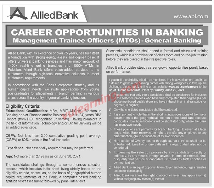 ABL Bank Latest Jobs  for Management Trainee Officers (MTOs) General Banking | Apply Online | Last Date 20 June 2021 Sunday