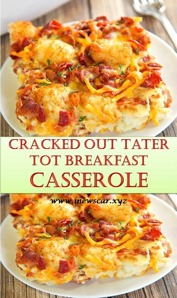 Cracked Out Tater Tot Breakfast Casserole - great make-ahead recipe! Only 6 ingredient. Bacon, Cheddar cheese, tater tots, eggs, mik, ranch mix. Can refrigerate or freeze for later. Great for breakfast.Lunch or dinner. Everyone loves this easy breakfast casserole!!!
