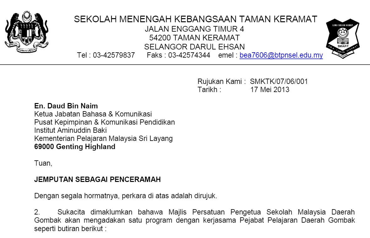 Contoh Surat Jemputan Penceramah