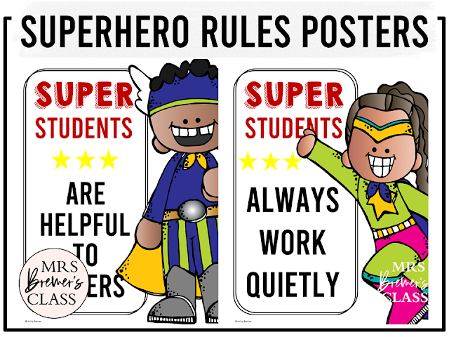 Superhero themed class rules posters set with charts to remind students about the classroom rules and behavior expectations in Kindergarten, First Grade, and Second Grade