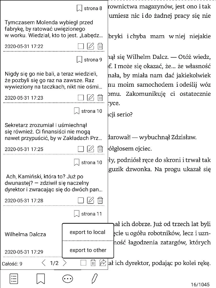 Opcje eksportu notatek i zaznaczeń w Onyx Boox Nova 2