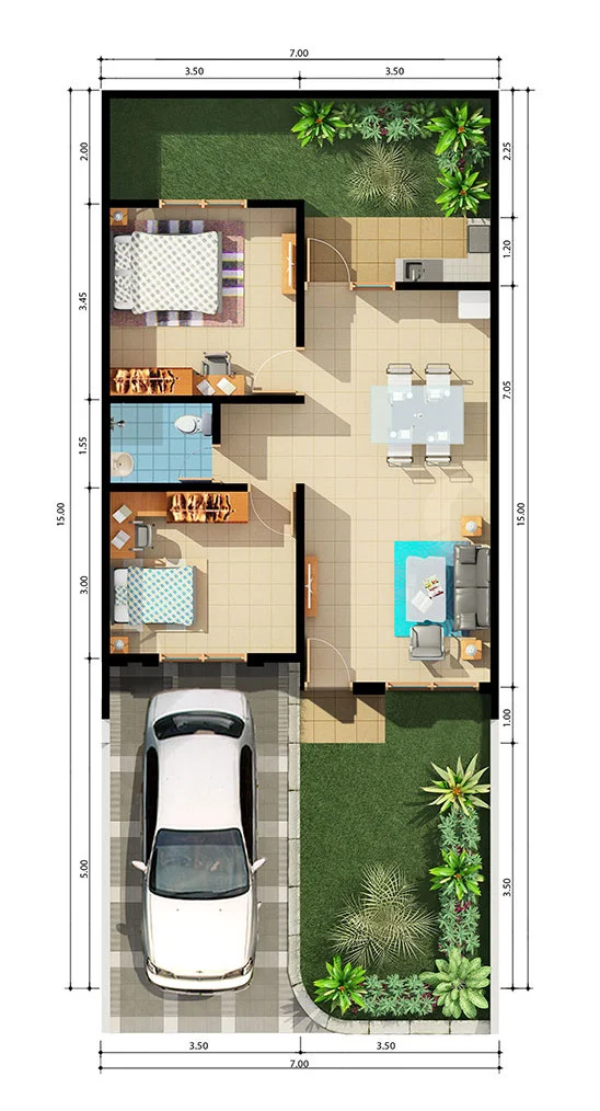 berikutnya masih dengan ukuran lahan lebar  5 Denah rumah minimalis ukuran 7x15 meter 2 kamar tidur 1 lantai + tampak depan