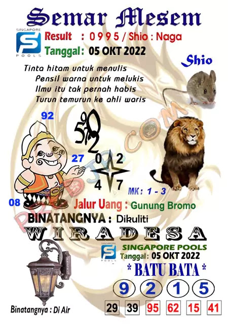 Prediksi Semar Mesem Togel Singapore Pools Rabu 05-Okt-2022