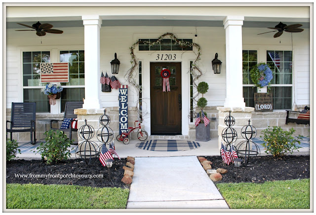 Patriotic Home Decor-4th of July-Farmhouse Style-Cottage Stye-Plaid Rugs-Red tricycle- Front Porch-From My Front Porch To Yours