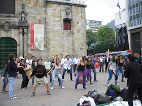 A small group of students in a peaceful dance protest in Bogotá, Colombia