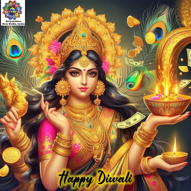 Goddess Lakshmi with diyas, flowers, peacock feathers, flow of wealth, gold money flowing out of her hand, beautiful open eyes and face, fair complexion, black hairs and pupils, Indian rupee, gold, ornaments flowing out of her hands for Diwali