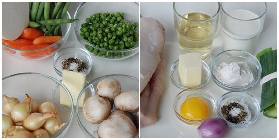 Blanquette de Lotte aux Petits Légumes (Monkfish in White-Wine Cream Sauce with Vegetables) mise en place