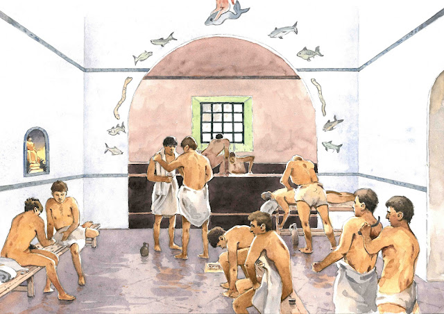 Artist's impression of a Roman bath house, with men having massages and different 'spa' treatments