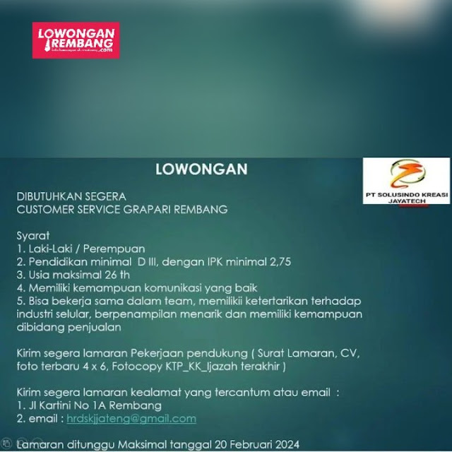 Lowongan Kerja Pegawai Customer Service Grapari PT Solusindo Kreasi Jayatech Rembang